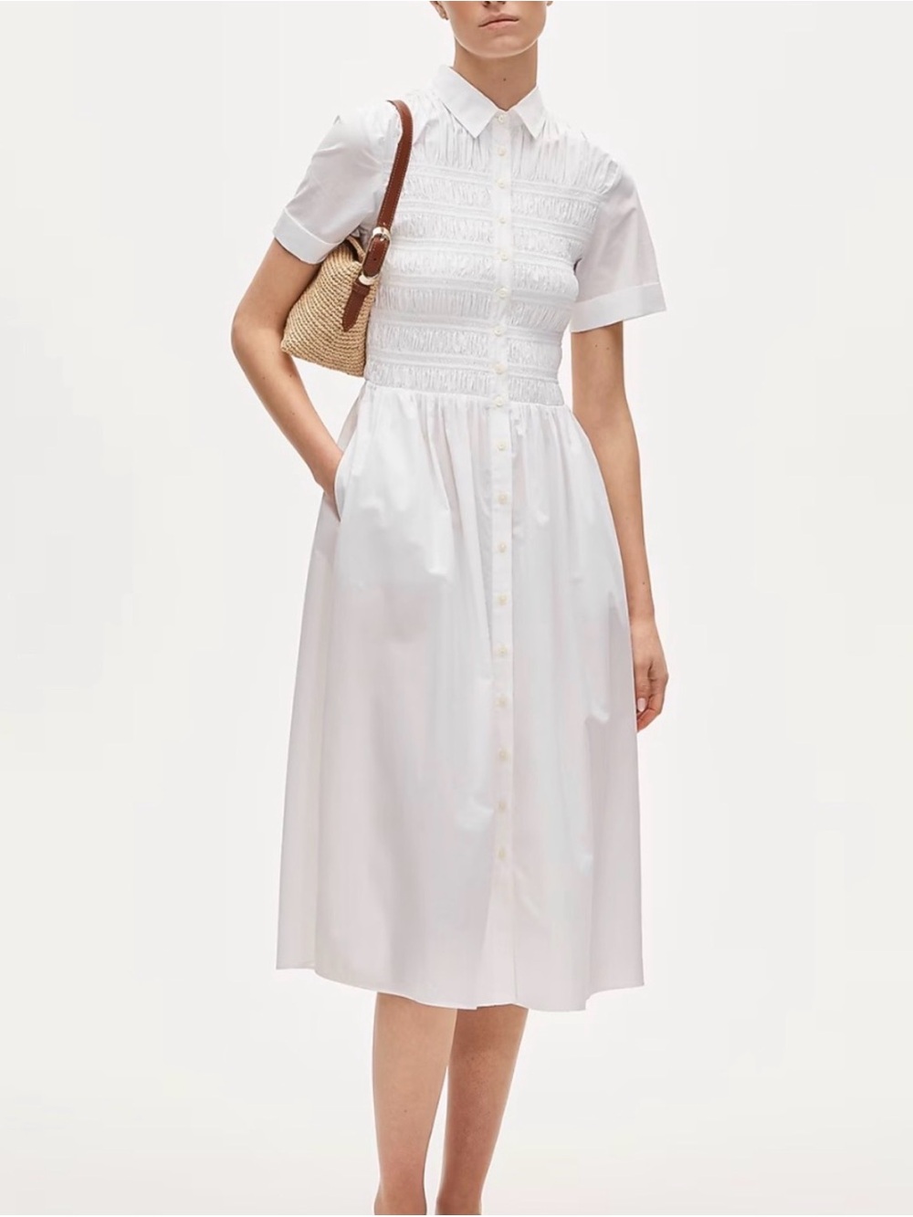 J.Crew Elsie Shirt Dress Cotton Poplin White Smocked Midi Dress M pockets